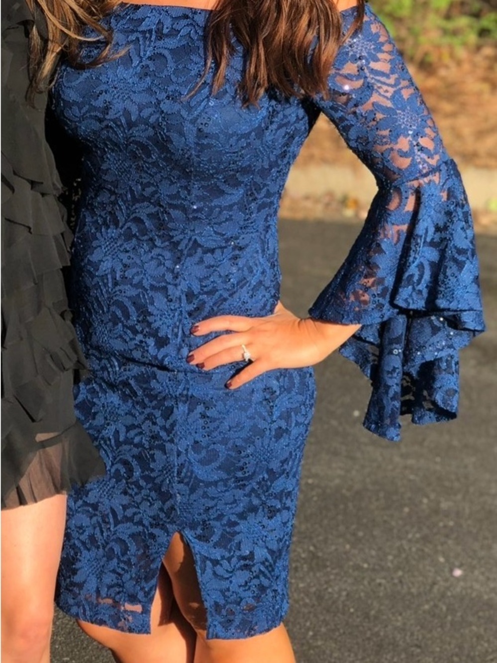 Elegant Navy Lace Off-Shoulder Dress with Flounced Sleeves